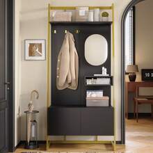 Modern Minimalist Compact Wardrobe, Open Multifunctional Storage Cabinet With Mirror, Metal Hooks, Coat Rack With Shoe Bench, Wardrobe, Shoe Storage, Clothes Rack, - 黑色 - 查看 3
