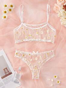 2件套新款透视薄纱花卉印花性感内衣褶皱侧边文胸透视内衣女士性感内衣套装嘉年华派对服装 - 黃色 - 查看 3