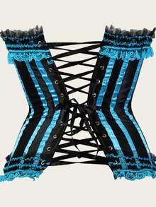 Jutrisujo Corsets For Women Tops Plus Size Stripe Lace Up Overbust Bustier ZipperLingerie Halloween Costumes - 8068-Light blue - 查看 2