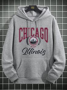 ONE WAVE 男士连帽衫，新款秋冬街头学院风字母印花时尚芝加哥伊利诺伊州图案抓绒套头衫 - 灰色 - 查看 4