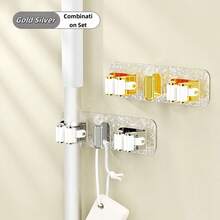1 Piece Of Luxurious Hanger In Fashionable Colors (Gold, Silver), A Double Mop Clip Holder With Hooks, Suitable For Storage And Organization In Homes, Kitchens, Garages, Gardens, Laundry Rooms, And Bathrooms. The Wall-Mounted Broom Holder Is Equipped With Self-Adhesive Household Storage, A Broom And Mop Storage Rack, With A Hook In The Middle, And Can Also Be Given As A Christmas Gift.