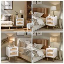 Bedside Tables Set Of 2, Side Table With 2 Hand Made Rattan Decorated Drawers, Night Stand Set 2, Wood Nigntstand, End Table With Storage Bedroom, Natural, 2 Pack - White - View 1