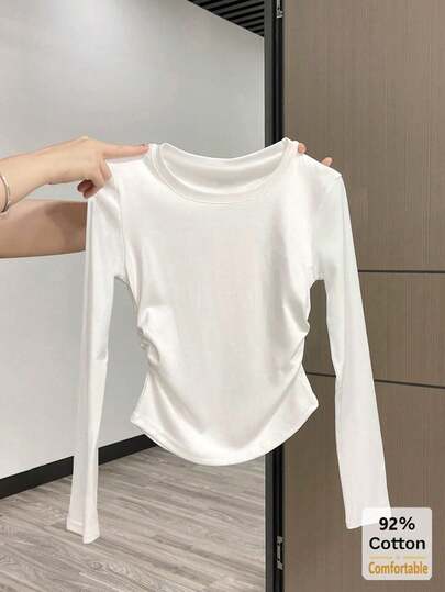 Women's Cotton Long Sleeve T-Shirt, Versatile Slim Fit Solid Color Base Layer Top, Autumn/Winter