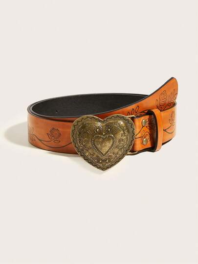 1 Stück Vintage Metall Schnalle Blume Muster Braun PU Leder Gürtel, modisch vielseitig, geeignet für den täglichen Gebrauch, Jeans, Halloween, Schulanfang, Abschlussgeschenk, Geburtstagsgeschenk, geeignet für Winter, Herbst, Sommer, Frühling