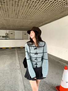 韩版简约撞色条纹蓬松纹理彼得潘领针织开衫 - 藍色 - 查看 2