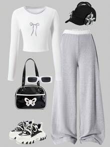 2pcs/Set Girls' Casual Outfit, Butterfly Print Round Neck Long Sleeve Top Paired With Loose Straight Pants, Suitable For School, Gatherings, Outdoor Activities And Daily Wear, Spring/Autumn/Winter - Light Grey - View 1