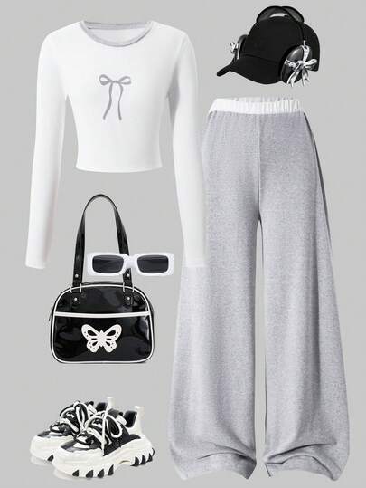 Conjunto de 2 piezas de ropa casual para niñas, blusa de manga larga con cuello redondo y estampado de mariposas, combinada con pantalones rectos sueltos, adecuado para la escuela, reuniones, actividades al aire uso diario, primavera/otoño/invierno