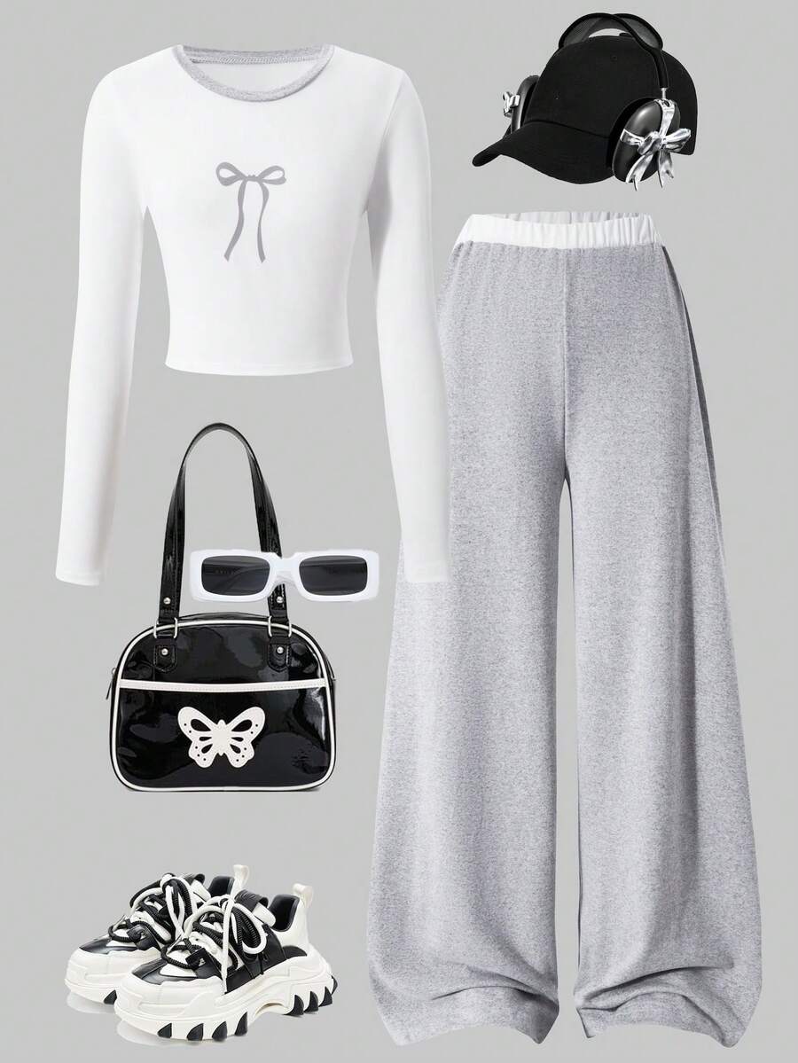 2pcs/Set Girls' Casual Outfit, Butterfly Print Round Neck Long Sleeve Top Paired With Loose Straight Pants, Suitable For School, Gatherings, Outdoor Activities And Daily Wear, Spring/Autumn/Winter - Light Grey - View 1
