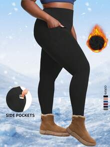 1. Plus Size Women Winter Leggings, Including: Thermal Lined Leggings, Leggings With Sports Drawstring And Pockets, Warm 7/8 Leggings, Black Cuffed Leggings - Black - View 3