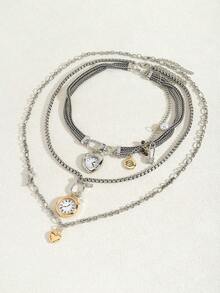 1 pieza de 3 collares con colgante de reloj bohemio retro de moda, collar con cadena de metal y colgantes contrastantes, adecuado para que las damas lo usen en su tiempo libre diario, fiestas y banquetes como regalo.
