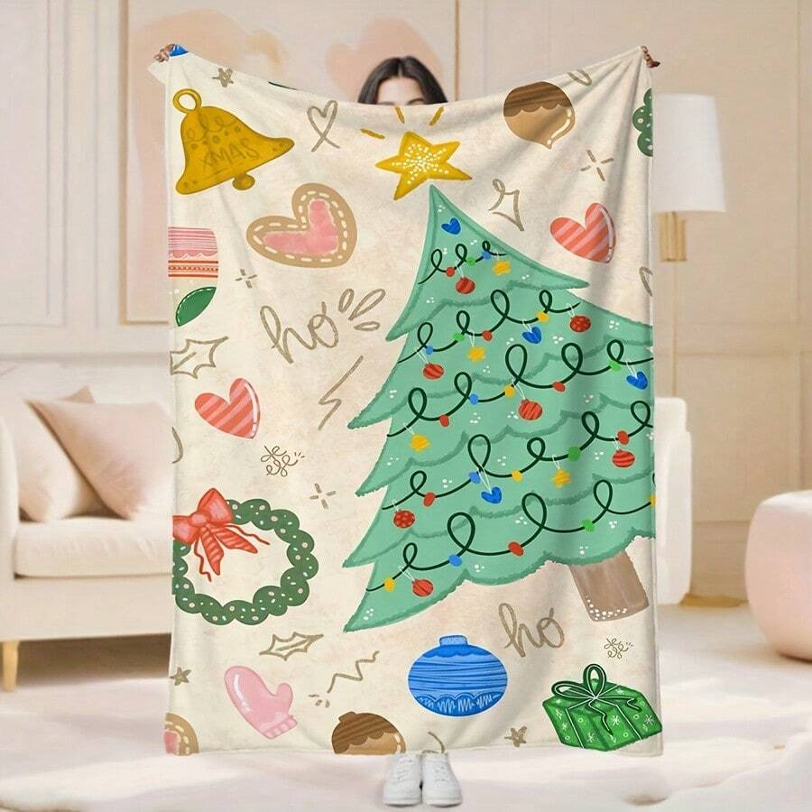 1pc Flannel Throw Blanket - The First Choice For Room Decoration,Super Soft, Lightweight, Cartoon Print Christmas Tree & Bells Pattern, Perfect For Home, A Daily, Birthday Gift For Friends, Family, Yourself, Cozy And Warm Blanket, Autumn Decor, Room Decor, Back To School, School Supplies