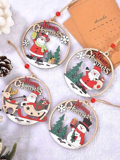 1/4 Pcs Christmas Tree Ornaments Decoration, Wooden Hollow Cute Santa Claus, Snowman, Camel, Deer And Star Design Ornament, Home Decor For Cabinet, Bookshelf, Tabletop, Christmas And Thanksgiving Gift,Christmas
