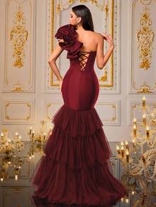 VIPGIRL New Elegant Burgundy One-Shoulder Formal Evening Dress With Floral Decor, Ruched Bust Design, Flattering Waistline - Burgundy - View 2