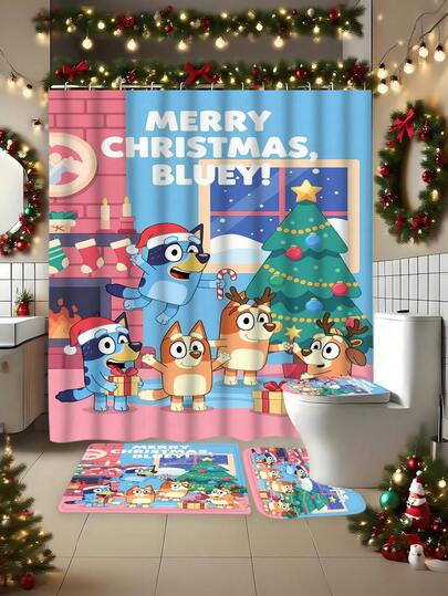 Bluey [Christmas Bluey Bathroom Curtain Shower Set] 1/3/4 Pcs Christmas Solid Color Santa Hat Bluey Family And Friends Holiday Pattern Printed Shower Curtain Set, Modern Design Suitable For All Seasons, Waterproof Polyester Hooks And Lining, Flannel Material Soft Surface, Bathroom Absorbent Anti-Slip Mat, Bathroom Set Includes U-Shaped Mat, Toilet Mat, Anti-Slip Bathroom Mat And Bathroom Accessories, Home Decor, Holiday Decor, Christmas Gift, Daily Decor, Gift]
