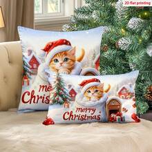 1 Stück Weihnachts-Kissen-Bezug mit Motiv von Weihnachtskatze, Weihnachtsbaum und Schneehäuschen, moderne Stoff-Plüsch-Muster Kissenhülle für Weihnachten, Wohnzimmer, Sofa, Heimdekoration, ohne Füllung