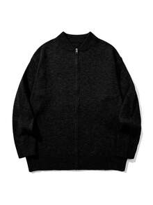 Cardigan tricotat pentru bărbați, simplu, culoare solidă, casual, lejer, cu mânecă lungă și fermoar, toamnă/iarnă - Negru - Vizualizare 3