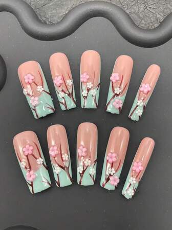10 Pieces Of Pure Handmade Nail Pressure Nails 33mm Square Long Nails French Nails Pink Small Flower Decoration Fashionable And Cute Suitable For Women To Wear Three Sizes To Choose From Suitable For A Variety Of Occasions Parties, Balls And Daily Wear