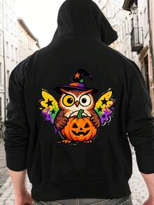 484g/m², Sudadera con Capucha para Hombre de Mezcla de Poliéster y Algodón al 50%, Cómoda y Cálida, Sudadera con Capucha de Mezcla de Algodón con Patrón de Búho y Calabaza de Halloween, Adecuada para Uso Diario Casual, Adecuada para Principios de Primavera, Otoño e Invierno, Impresión de Alta Calidad, Adecuada para Usar en Capas o Solo, Casual y Versátil - Negro - Ver 1