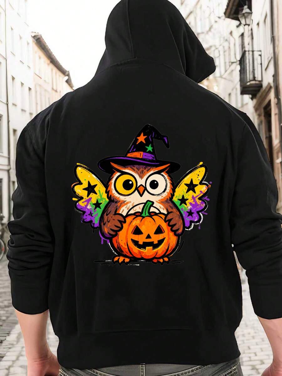 484g/m², Sudadera con Capucha para Hombre de Mezcla de Poliéster y Algodón al 50%, Cómoda y Cálida, Sudadera con Capucha de Mezcla de Algodón con Patrón de Búho y Calabaza de Halloween, Adecuada para Uso Diario Casual, Adecuada para Principios de Primavera, Otoño e Invierno, Impresión de Alta Calidad, Adecuada para Usar en Capas o Solo, Casual y Versátil - Negro - Ver 1