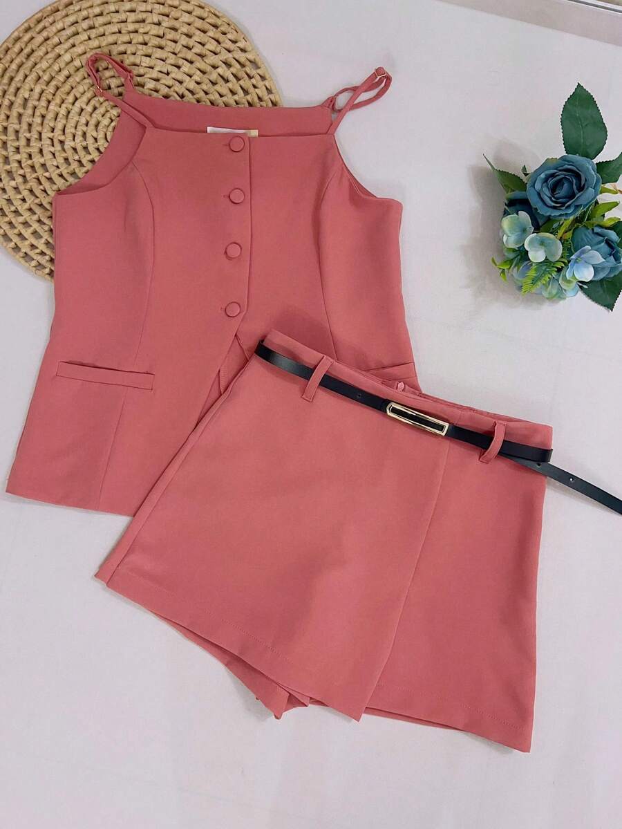 Sophisticated And Elegant Set | Suit-Style Blouse With High Slit At The Hem | Simple Cut Short-Skirt With Belt | Office And Party - 西瓜粉 - 查看 1