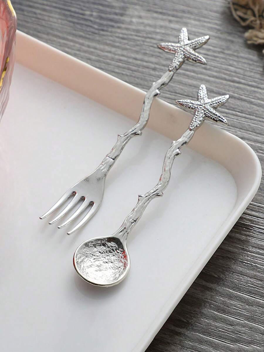 2pcs/Set Golden And Silver Star Spoon, Perfect For Beach Weddings & Party Dessert Utensils - Elegant Coffee Spoons, Tea Spoons