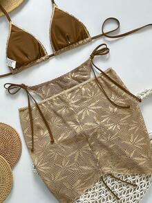 3-częściowy damski komplet bikini boho halter z wiązaniem na plecach i spódniczką wiązaną po bokach, półprzezroczysty, lekko elastyczny materiał