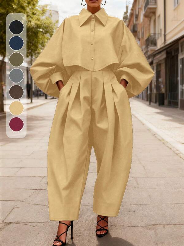 Plus Size Women 2 Pieces Set - Lantern Sleeve Solid Color Collared Button Design Blouse + Pocket Ruched Long Pants, Suitable For Commute, Business, Office