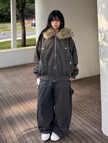 复古毛领连帽羽绒服，女款，宽松版型，加厚，冬季款 - 灰色 - 查看 9
