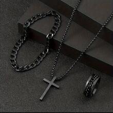 3PCS Multi-Functional Men's Jewelry Set - Black Cross Stainless Steel Necklace, Bangle And Ring For Fashionable Men