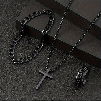 3pcs Men's Fashion Multi-Functional Stainless Steel Jewelry Set, Black Cross Necklace, Bangle And Ring