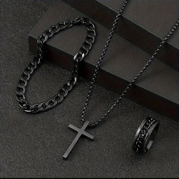 3pcs Men's Fashion Multi-Functional Stainless Steel Jewelry Set, Black Cross Necklace, Bangle And Ring