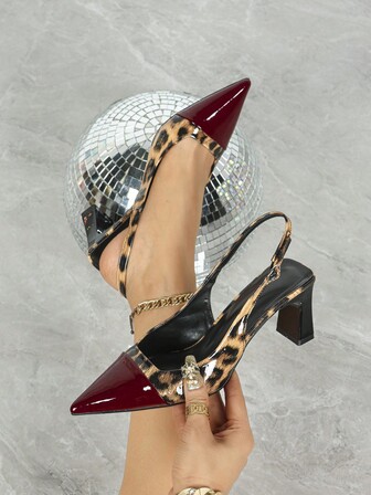 Fall/Winter Women's Burgundy Leopard Print High Heel Pumps, Chunky Heel Dress Shoes, Slip-On Pointed Toe Sandals,Elegant