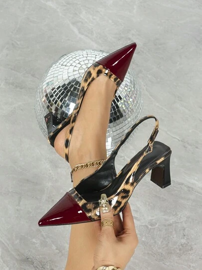 Fall/Winter Women's Burgundy Leopard Print High Heel Pumps, Chunky Heel Dress Shoes, Slip-On Pointed Toe Sandals,Elegant