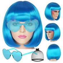 Vibrant Colorful Wigs&Heart-Shaped Sunglasses Set Express Unique Style With Collection Of Colorful Wigs In Shades Like Blonde Blue Purple Green Pink Orange Red Paired With Heart-Shaped Sunglasses In Matching Hues Perfect For Parties Cosplay - 藍色 - 查看 2