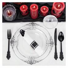 Clear Black Plastic Plates - 175pc Disposable Dinnerware Set For 25 Guests - As Picture/G - View 2