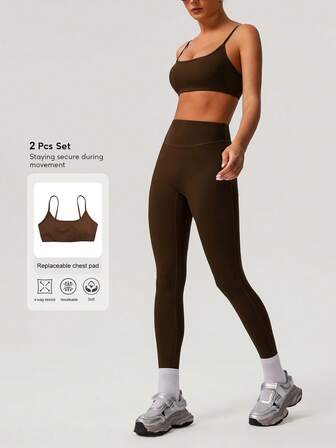 Sodalemon Conjunto de 2 piezas para mujer: Sujetador deportivo acolchado de unicolor sin costura frontal, diseño simple y Mallas de yoga para entrenamiento deportivo