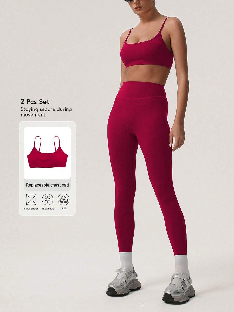 Sodalemon Women's Solid Color Thick Sports Bra & Yoga Leggings 2 Pieces Set, Minimalist Design For Fitness Training - Red - View 1