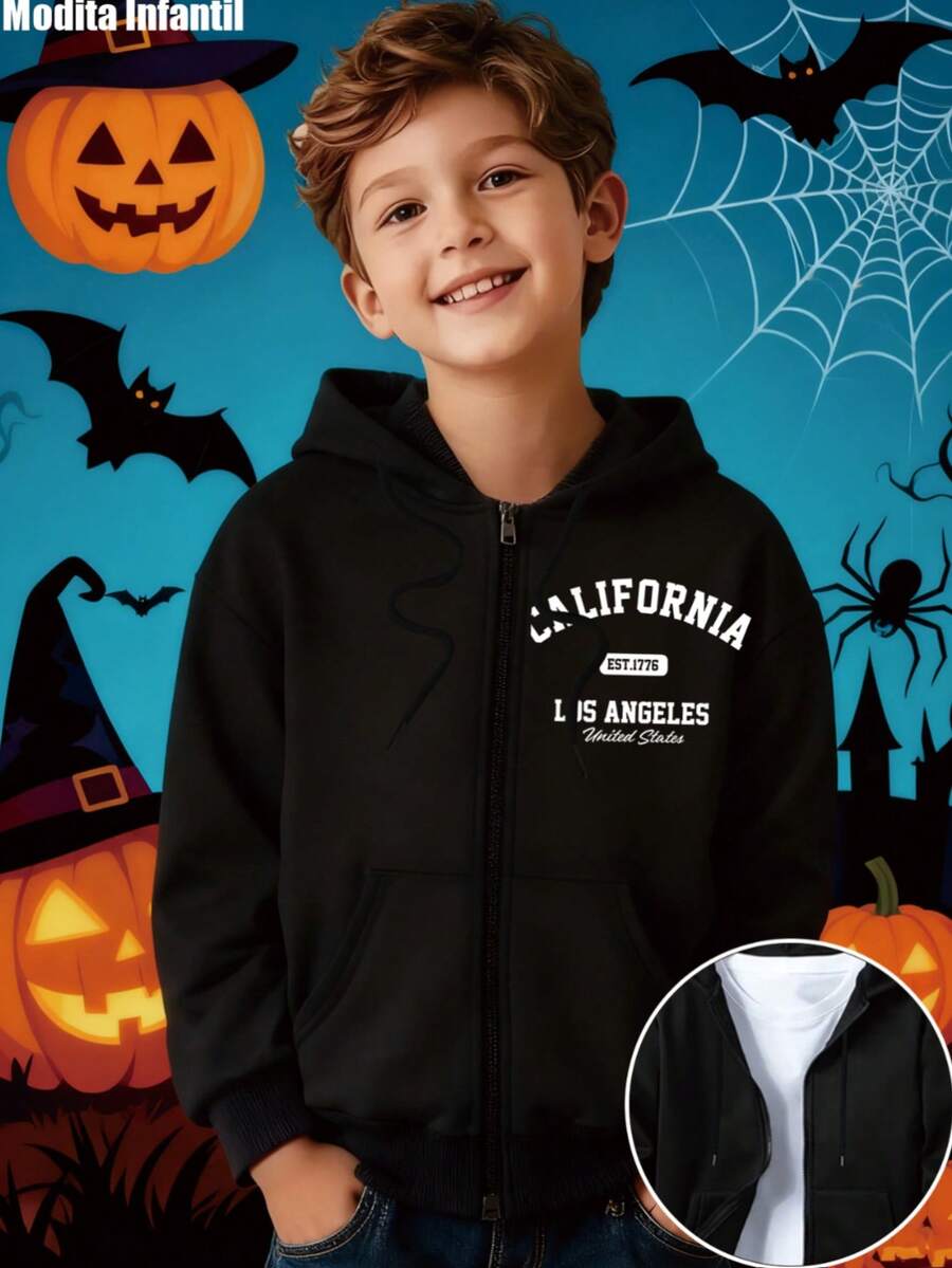 KID005/Chaqueta con capucha para niñosRopa infantil para fiestas de Halloween con capucha con cremallera negra con estampado "CALIFORNIA EST.1776 LOS ANGELES United States" con un diseño atractivo y cómodo para los niños - Negro - Ver 1