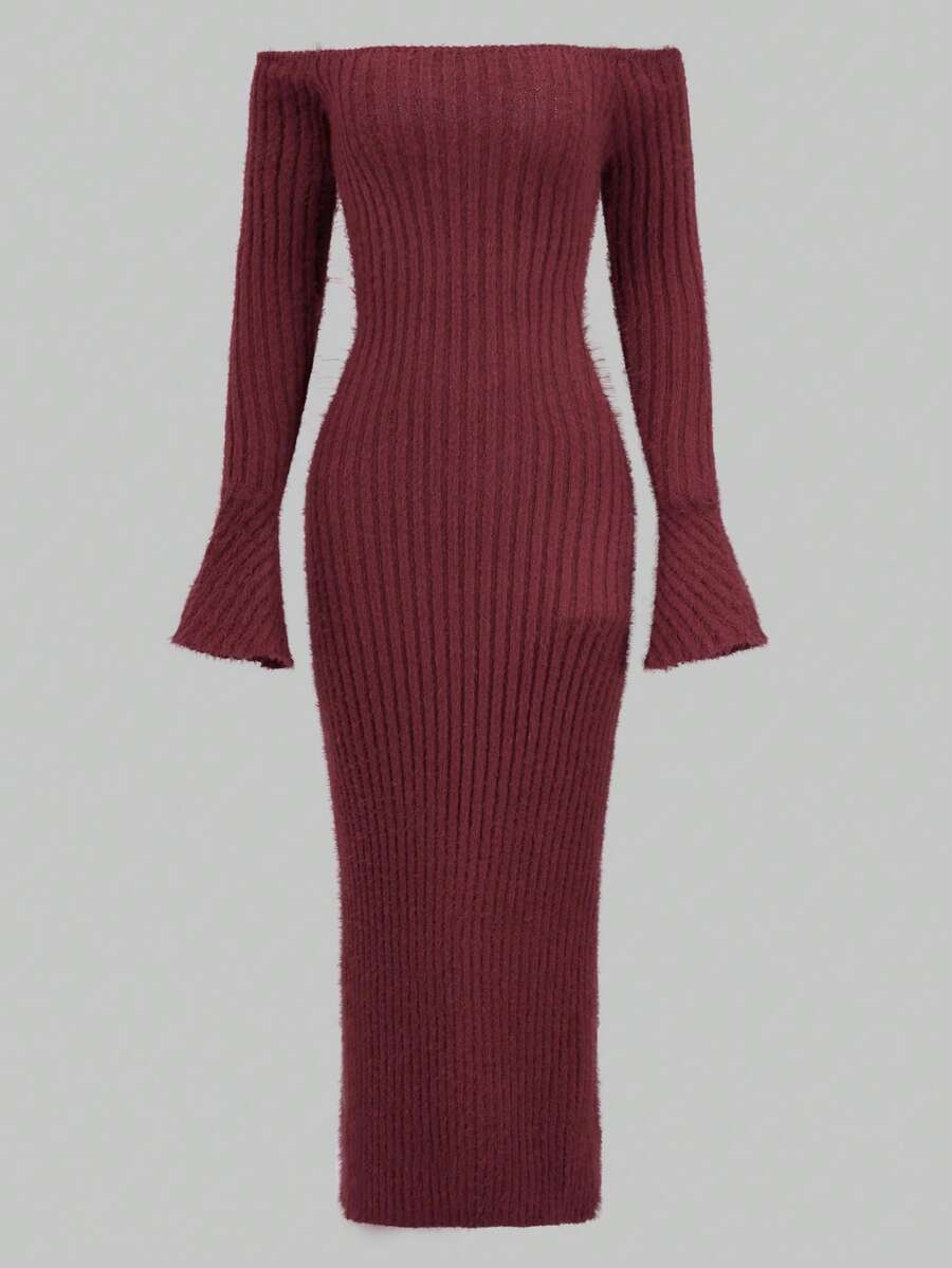 Magic Mia Women's Off-The-Shoulder Burgundy Fuzzy Bodycon Dress - Long Slevees Soft Stretchy Material & Comfort-First Design| Fluffy Party Dress For Night Out, Date Night And Parties And Semi-Formal Occasions - 酒紅色 - 查看 1