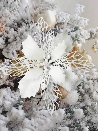 1 件/10 件/20 件一品红花朵镂空网状夹式圣诞花、圣诞花环、圣诞树花卉装饰、圣诞派对、婚礼皇冠装饰、新年，适用于圣诞树装饰和节日派对装饰（白色）