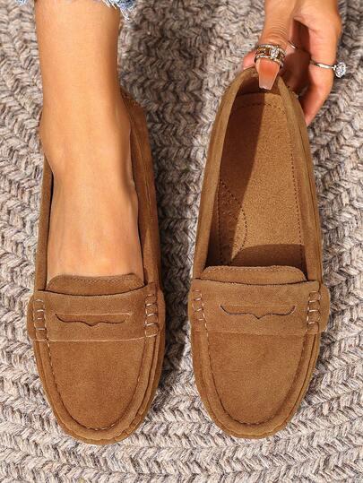 New Women Suede Knit Brown Flat Shoes, Elegant Imitation Suede Light Brown Flats, All-Season Comfortable Solid Color Slip On Loafers, Round Toe Versatile Casual High-End Lightweight Outdoor/Work Shoes For Women, Work Shoes, Slip On Shoes Women Dress Shoes Women, Business Casual Woman, Yellowish Brown Shoes For Women