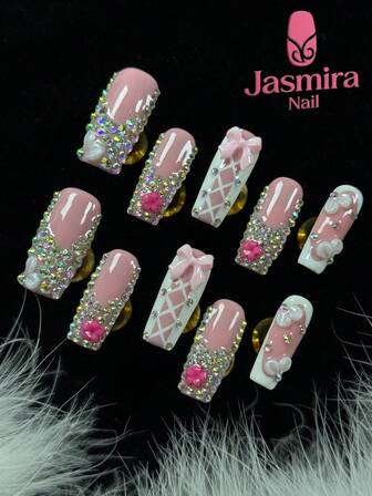 10 件纯手工按压式指甲，Y2k 中长方形法式指甲，粉色和白色配色方案，闪亮的 Ab 色全水钻，3D 小花，手工雕刻设计，甜美耀眼，适合女性和女孩在家，派对，节日，生日等各种场合和其他 DIY 美甲，可重复使用。