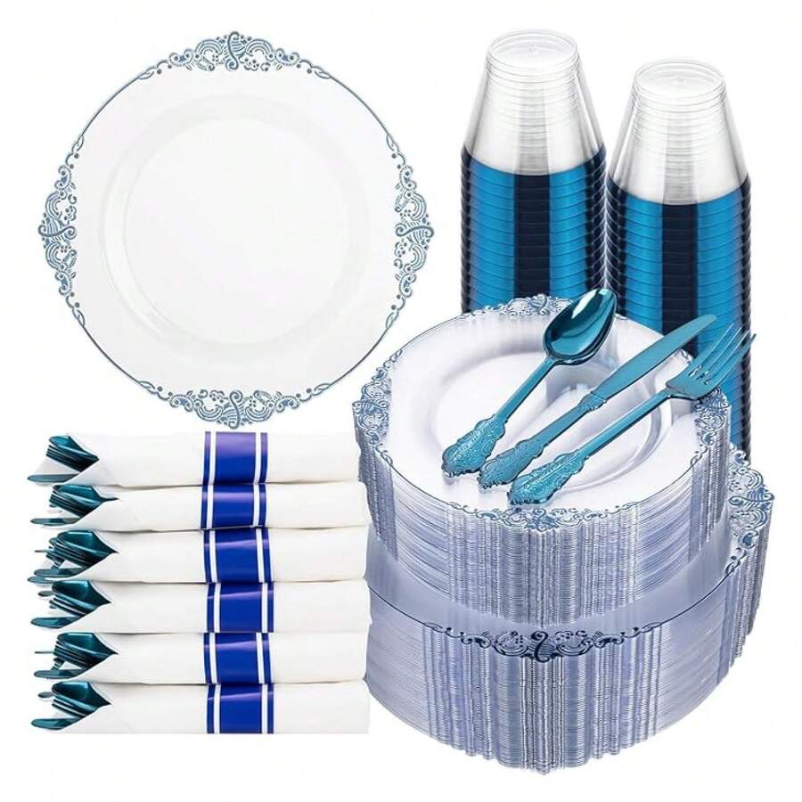 Blue Plastic Plates Disposable Set - 350pcs Party Dinnerware, 10.25" Dinner & 7.5" Dessert Plates, Silverware & Cups - Wedding & Event Supplies - 如圖/C - 查看 1