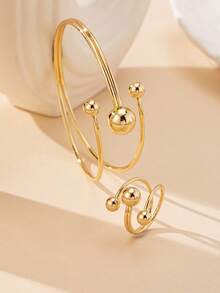 1 Set Geometric Hollow Open Bangle And Open Ring, Vintage Elegant Style Bracelet And Ring Set For Women