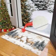 1 pièce Paillasson avec motif de renne de Noël, flocon de neige et sapin imprimé sur surface en fausse laine avec fond en TPR. Tapis de salle de bain, tapis de cuisine, tapis de buanderie, décoration de fête, décoration de maison, décoration de mariage, décoration de salle à manger