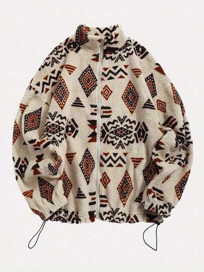 Plus Size Women Casual Retro Geometric Print Fleece Long Sleeve Jacket