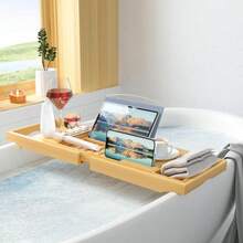 Luxury Bamboo Bathtub Tray Wooden Expandable Caddy With Book Tablet Wine Holder Gift Idea