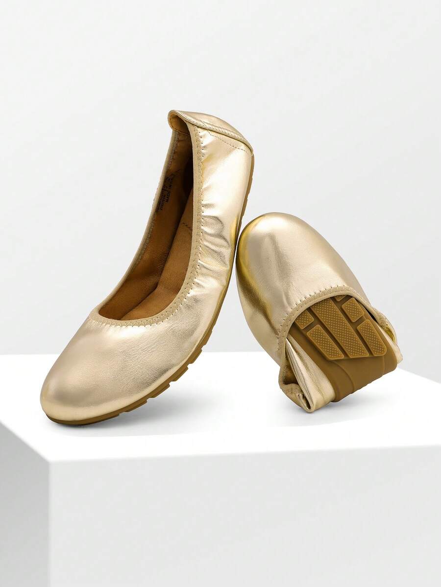 Women Round Toe Flats Casual Soft Bottom Foldable Ballet Flats Comfortable Slip On Travel Vacation Office Wedding Shoes - Vàng - Xem 1