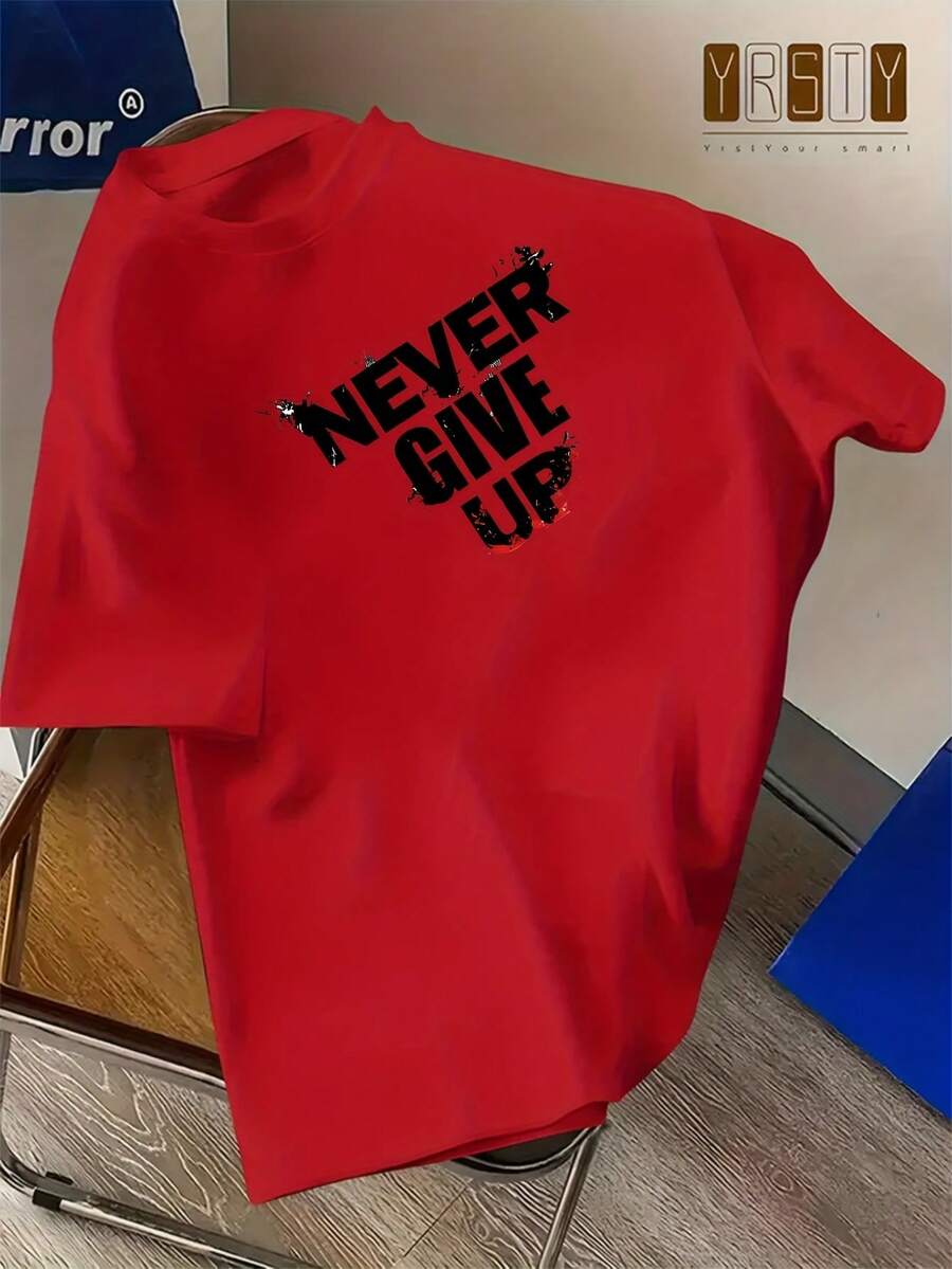 Popular Men's Short Sleeve Shirts Never Give Up Letter Pattern Print Casual Summer Tops, Men's Fashion Casual Round Neck Short Sleeve, Suitable For Daily Wear And Various Occasions. Roomy And Comfortable - 紅色 2 - 查看 1