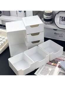 1pc 3-Tier White Drawer Style Storage Box, Space-Saving Multifunctional Office Supplies, Durable PP Material, Snack Toy Jewelry Cosmetic Organizer Box, Desktop Storage Box, Suitable For Office Desk, Study, School, Perfect Christmas/Halloween Gift